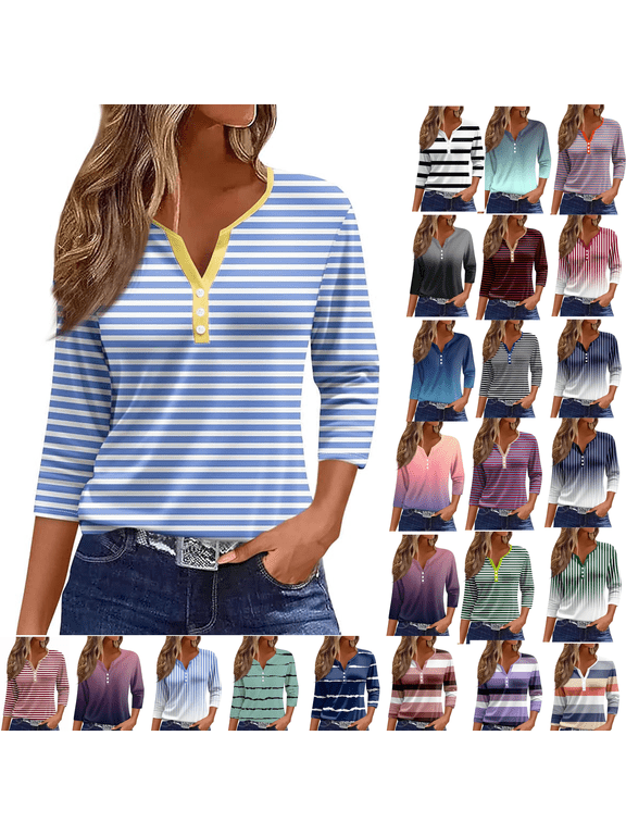 3/4 length sleeve womens tops 2025 Spring Henley Neck Casual Print Tunic T Shirts Three Quarter Length Womens Tops