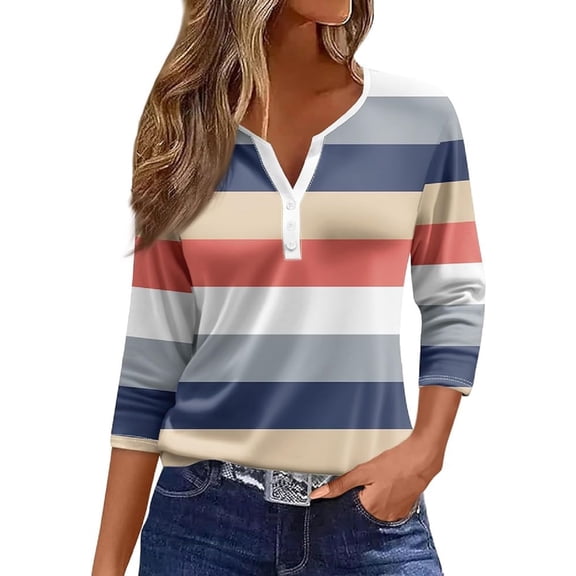 Xuboway 3/4 length sleeve womens tops 2025 Spring Henley Neck Casual Print Tunic T Shirts Three Quarter Length Womens Tops