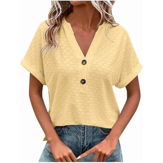 Summer Tops for Women Trendy Eyelet V Neck Short Sleeve Button down Shirts Casual Henley Tunic Vacation Blouses