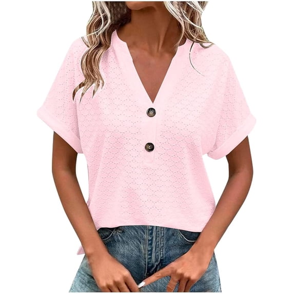 Xuboway Womens T Shirts V Neck Eyelet Button Down Short Sleeve Summer Tops Trendy 2025 Loose Casual Beach Vacation Outfits Clothes