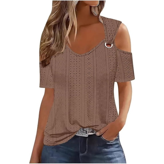 Xuboway cold shoulder eyelet tops for women plus size sexy V Neck T Shirts Basic summer Tees western cruise outfits country concert tunics tops to wear with leggings
