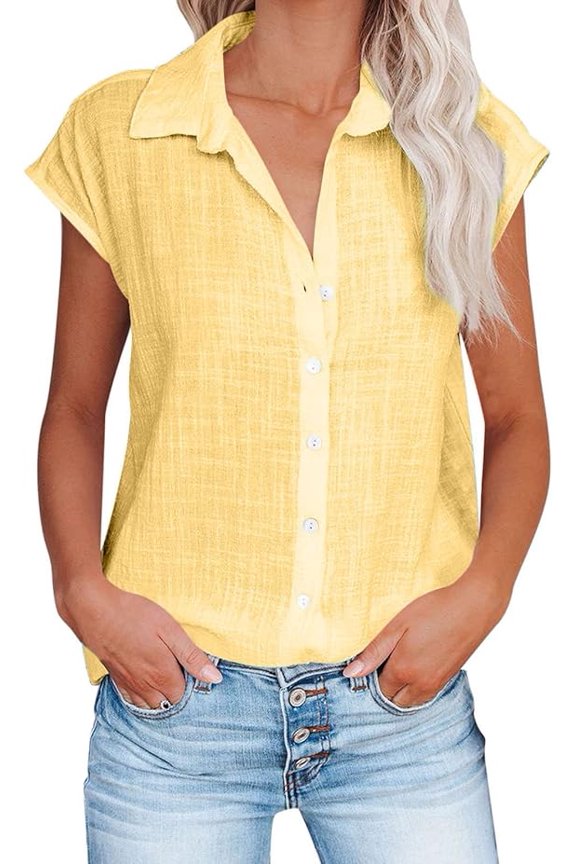 shirts for women trendy Button Down Cotton Linen Shirt Blouse Loose Fit Casual V-Neck Tops Comfy Solid Color Tunic Tops