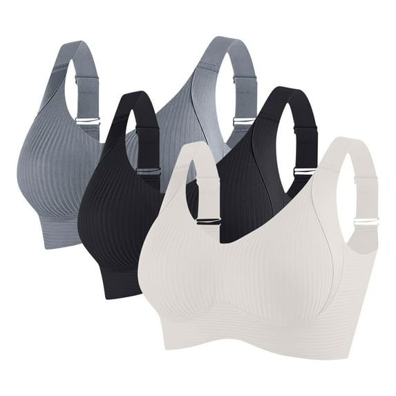 Xucatan 3PCS Seamless Plus Size Bras for Women Push Up Adjustable Bras Cozy Ribbed Wireless Full Support Sports Bra Solid Color Christmas gifts