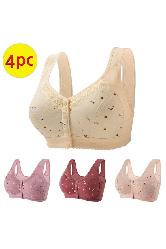 4PC Daisy Bras for Older Women, Comfortable Convenient Christmas gifts Front Close Button Full Coverage Bras for Older Women No Under wire