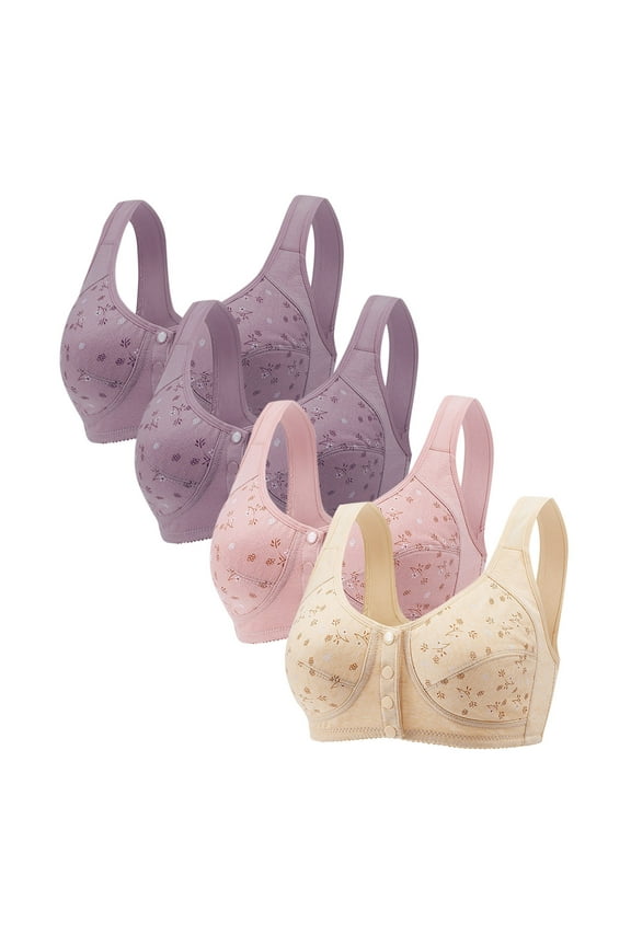 4PC Daisy Bras for Older Women, Comfortable Convenient Christmas gifts Front Close Button Full Coverage Bras for Older Women No Under wire