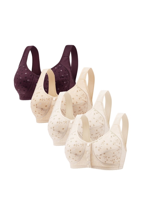 4PC Daisy Bras for Older Women, Comfortable Convenient Christmas gifts Front Close Button Full Coverage Bras for Older Women No Under wire