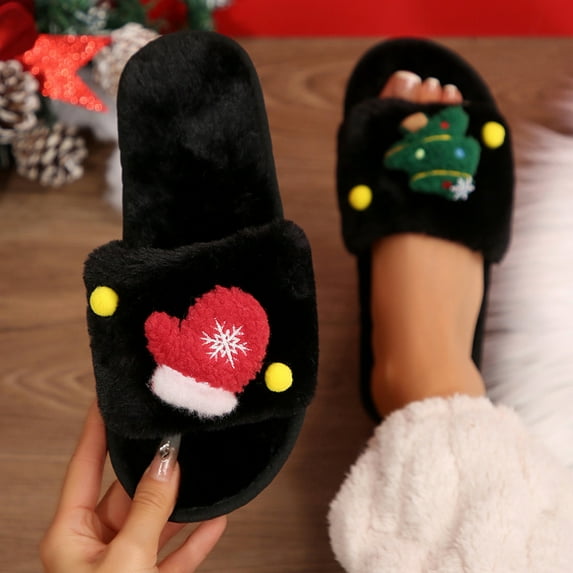 Xucatan Christmas Slippers for Women Indoor Soft Flat Sandals with Christmas Tree Decoration Cute House Shoes Fluffy Cozy Plush House Slippers Soft Non-Slip Home Shoes Women Gift