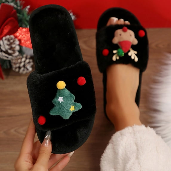 Xucatan Christmas Slippers for Women Indoor Soft Flat Sandals with Christmas Tree Decoration Cute House Shoes Fluffy Cozy Plush House Slippers Soft Non-Slip Home Shoes Women Gift