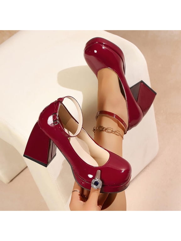 Closed Toe Block Heel Sandals for Women, Glossy Patent Leather High Heels with Buckle Strap, Round Toe Cushioned Footbed Casual Summer Footwear, Versatile Design for Daily Gift