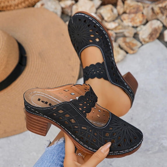 Xucatan Closed Toe Sandals Women, Perforated Block Heel Mule Clogs, Office Casual Spring Summer Footwear, Breathable Comfortable Slip On Design for Daily Wear Gift
