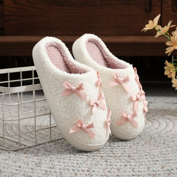 Xucatan Cute Ribbon Bow Slippers for Womens Mens Cut Retro Plush Soft Memory Foam House Shoes Gift