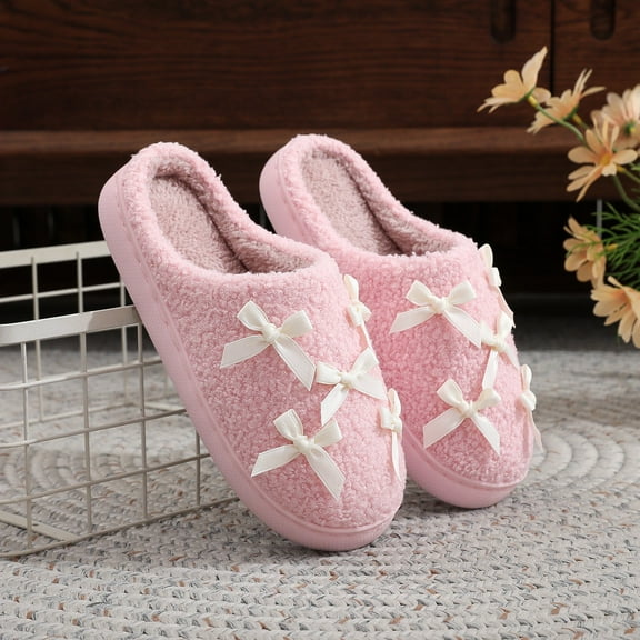Xucatan Cute Ribbon Bow Slippers for Womens Mens Cut Retro Plush Soft Memory Foam House Shoes Gift