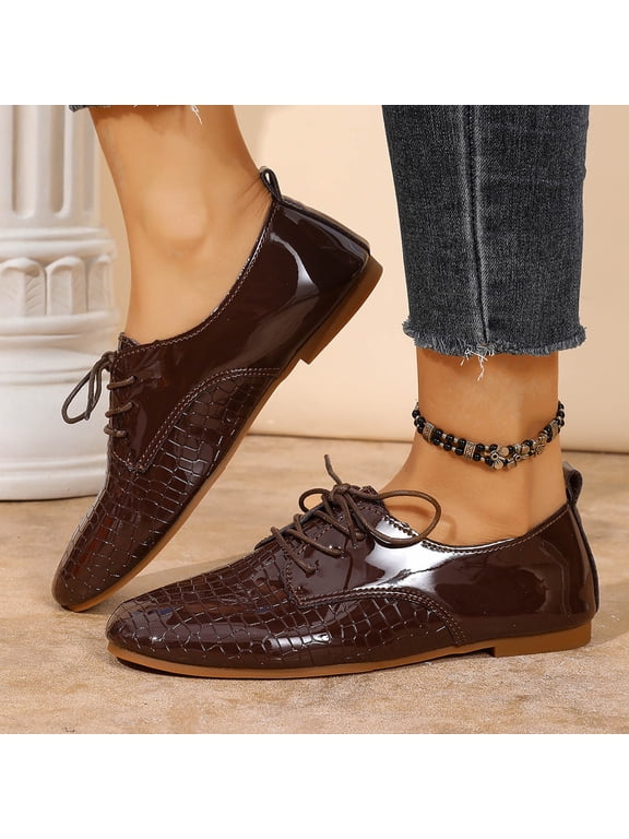 Elegant Pull Tab Oxford Flats for Women, Textured Patent Leather Loafers, Versatile Dressy Flat Shoes for Office Fall Winter Gift