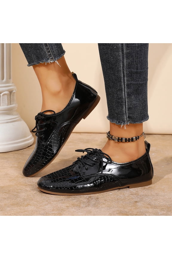 Elegant Pull Tab Oxford Flats for Women, Textured Patent Leather Loafers, Versatile Dressy Flat Shoes for Office Fall Winter Gift
