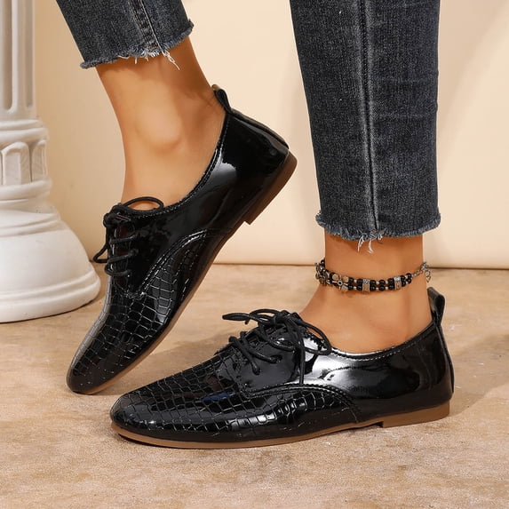 Xucatan Elegant Pull Tab Oxford Flats for Women, Textured Patent Leather Loafers, Versatile Dressy Flat Shoes for Office Fall Winter Gift
