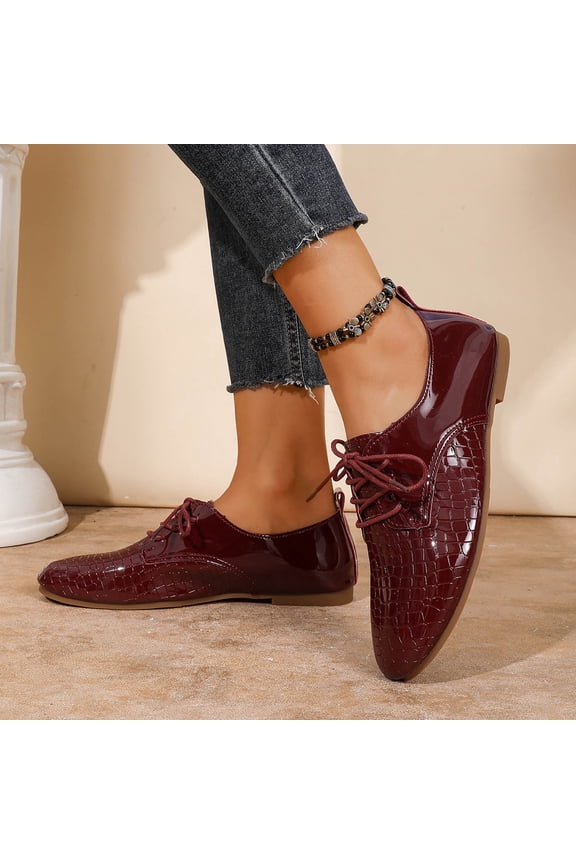 Elegant Pull Tab Oxford Flats for Women, Textured Patent Leather Loafers, Versatile Dressy Flat Shoes for Office Fall Winter Gift