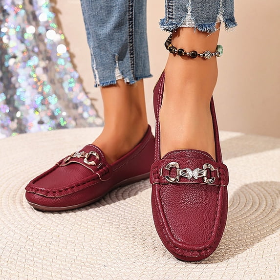 Xucatan Fashion Metal Chain Loafers for Women, Round Toe Soft Sole Flats, Versatile Comfortable Walking Shoes for Spring Office Gift