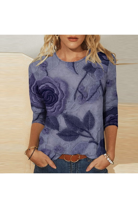 Fashion Printed Crewneck Tops for Women, Casual Dolman Sleeve Blouses with Breezy 3/4 Length Design, Lightweight Versatile Tees, Everyday Summer Shirts Gift
