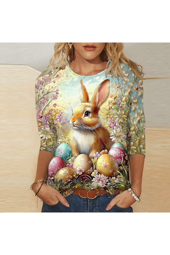Fashion Printed Crewneck Tops for Women, Casual Dolman Sleeve Blouses with Easter Themed Pattern, Breezy 3/4 Length Tees, Versatile Shirts for Spring or Holiday Wear Gift