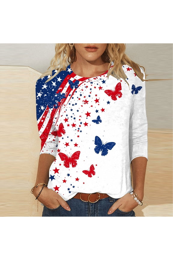 Fashion Printed Dolman Sleeve Tops for Women, Casual Crewneck Blouses with Patriotic Pattern, Breezy 3/4 Length Tees, Versatile Shirts for Independence Day or Summer Wear Gift