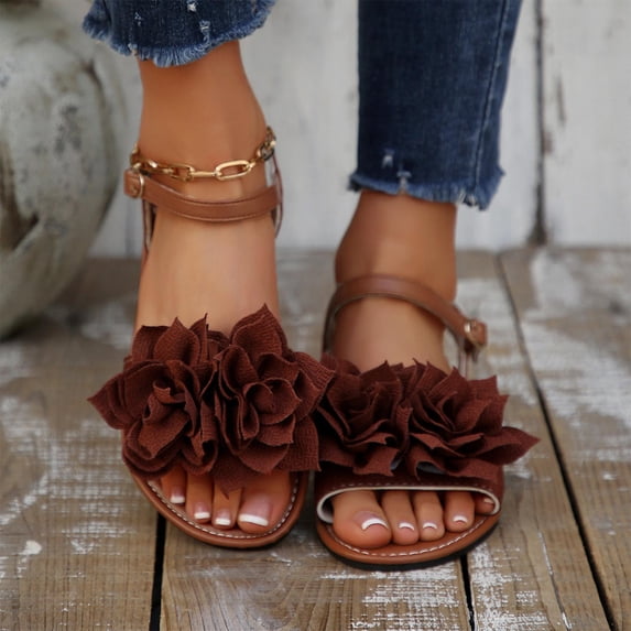 Xucatan Flat Sandals for Women, Flower Embellished Open Toe Slippers with Buckle Strap, Padded Insole Casual Summer Footwear, Versatile Solid Color Design for Beach Daily Gift