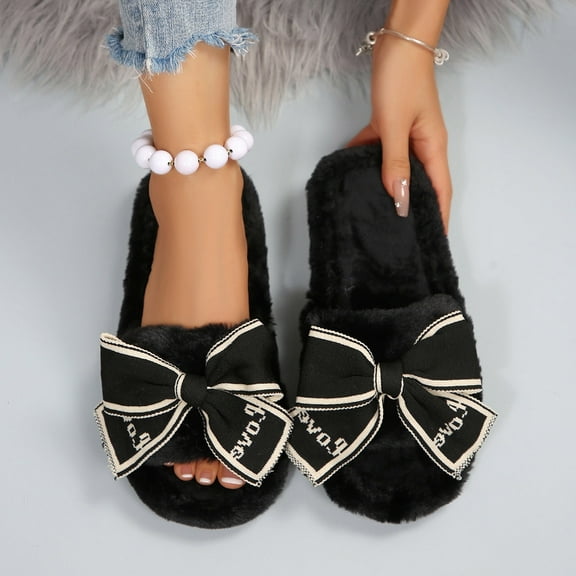 Xucatan Fuzzy Bow Slippers for Women Winter Bedroom Warm Slippers with Anti-Skid Sole Cozy House Home Open Toe Shoes Gift