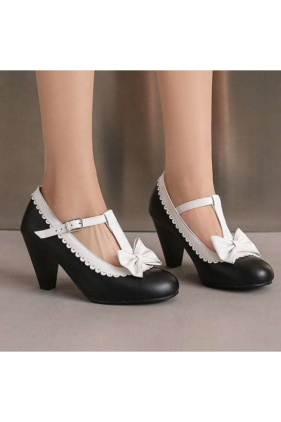 Ladies' Contrast Panel High Heels, Round Toe Buckle Strap Shoes, Polished Faux Leather Dress Pumps, Versatile Spring Everyday Office Wear Gift