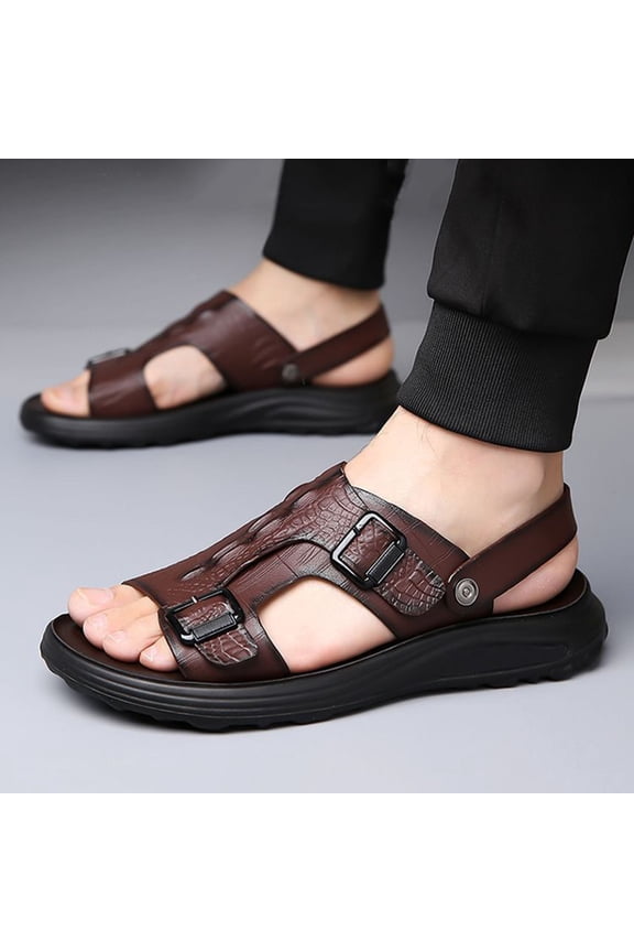 Men'S Pu Leather Flat Sandals With Adjustable Dual-Use Ankle Straps Comfortable Breathable Open-Toe Slip-On Sandals, Soft Casual Sliding Slippers Hiking Sandals Open Toe for Work Driving Gift