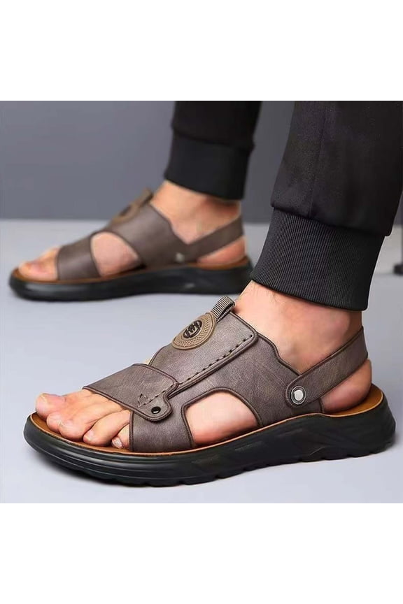 Men'S Pu Leather Flat Sandals With Adjustable Dual-Use Ankle Straps Comfortable Breathable Open-Toe Slip-On Sandals, Soft Casual Sliding Slippers Hiking Sandals Open Toe for Work Driving Gift