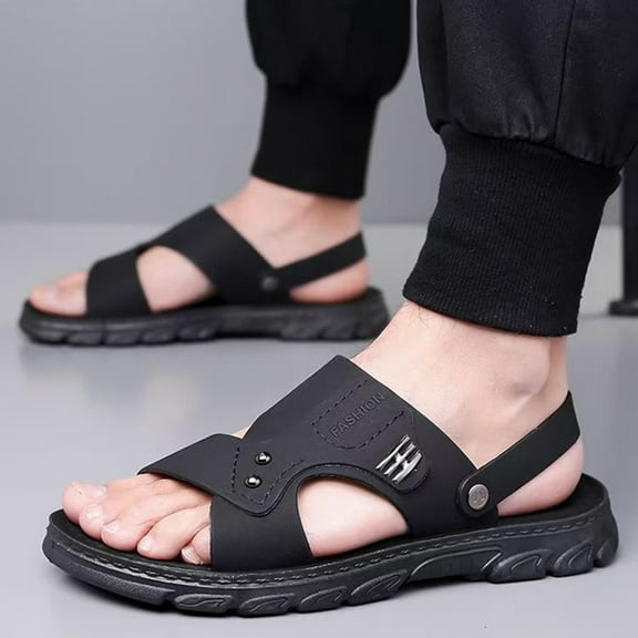 Xucatan Men'S Pu Leather Flat Sandals With Adjustable Dual-Use Ankle Straps Comfortable Breathable Open-Toe Slip-On Sandals, Soft Casual Sliding Slippers Hiking Sandals Open Toe for Work Driving Gift