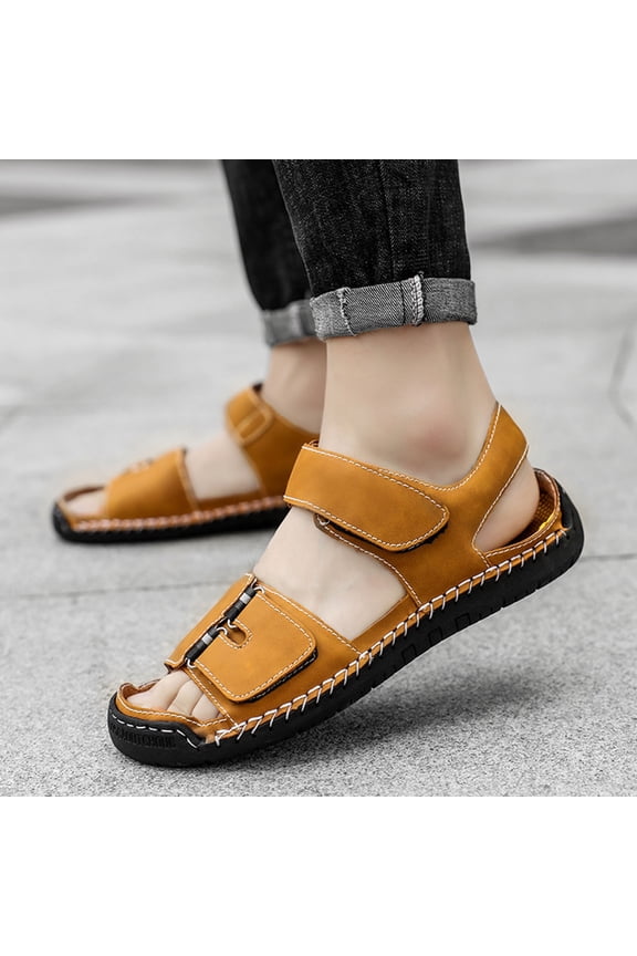 Men'S Pu Leather Flat Sandals With Adjustable Dual-Use Ankle Straps Comfortable Breathable Open-Toe Slip-On Sandals, Soft Casual Sliding Slippers Hiking Sandals Open Toe for Work Driving Gift
