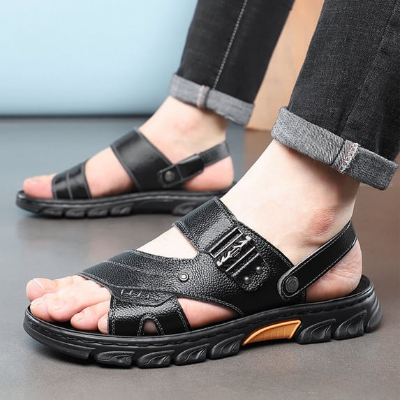 Xucatan Men'S Pu Leather Flat Sandals With Adjustable Dual-Use Ankle Straps Comfortable Breathable Open-Toe Slip-On Sandals, Soft Casual Sliding Slippers Hiking Sandals Open Toe for Work Driving Gift
