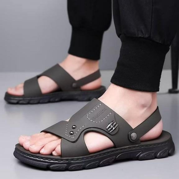 Xucatan Men'S Pu Leather Flat Sandals With Adjustable Dual-Use Ankle Straps Comfortable Breathable Open-Toe Slip-On Sandals, Soft Casual Sliding Slippers Hiking Sandals Open Toe for Work Driving Gift