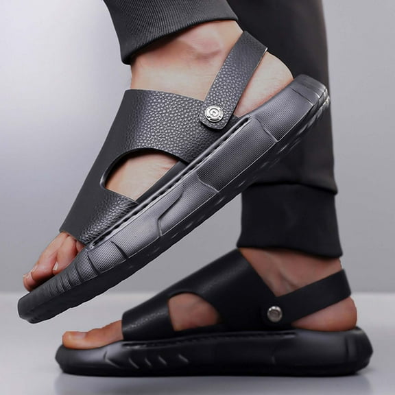 Xucatan Men’s Casual Leather Slip On Flat Sandals Round Open Toe Adjustable Back Strap Lightweight Non Slip Summer Sandals for Outdoor Beach Daily Outdoor Walking Sandals Gift