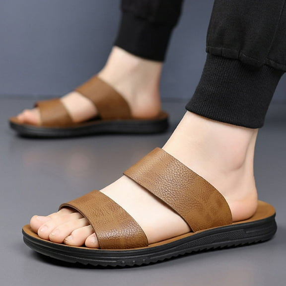 Xucatan Men's Leather Slip On Slides Sandals Comfortable Lightweight Open Toe Anti-Slip Flat Summer Casual Slippers Indoor Outdoor Trendy Walking Beach Sandals Gift