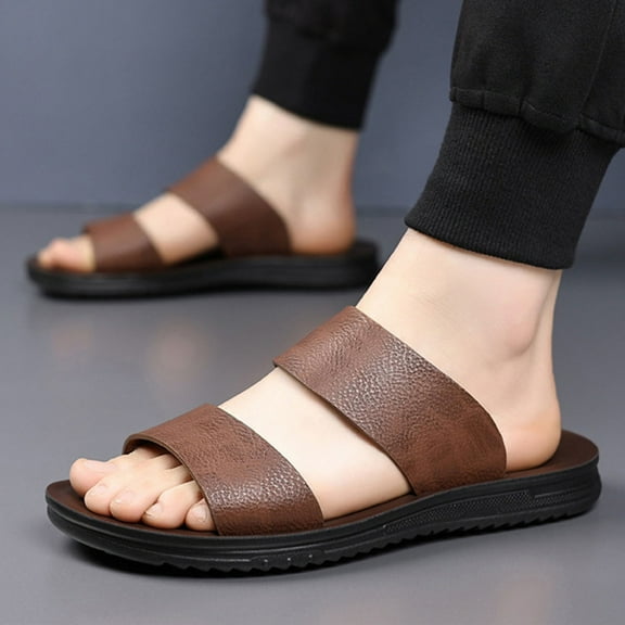 Xucatan Men's Leather Slip On Slides Sandals Comfortable Lightweight Open Toe Anti-Slip Flat Summer Casual Slippers Indoor Outdoor Trendy Walking Beach Sandals Gift