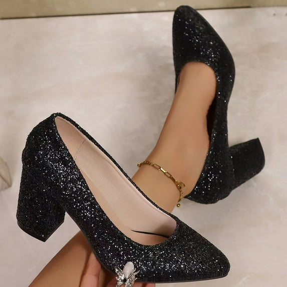 Xucatan Shimmer Rhinestone Dress Shoes for Women, Cushioned Slip On Heels, Versatile Bling Comfortable Pumps for Prom Date Night Gift