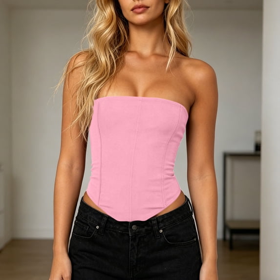 Xucatan Strapless Corset Top for Women, Solid Boned Bustier Crop Top, Asymmetrical Hem Tube Top, Waist Cincher Bodice Gift