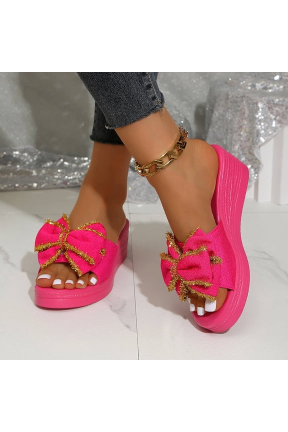 Summer Slippers for Women, Open Toe Wedge Slides Flat Slides with Adjustable Bow, Cushioned Footbed for All Day Wear Gift