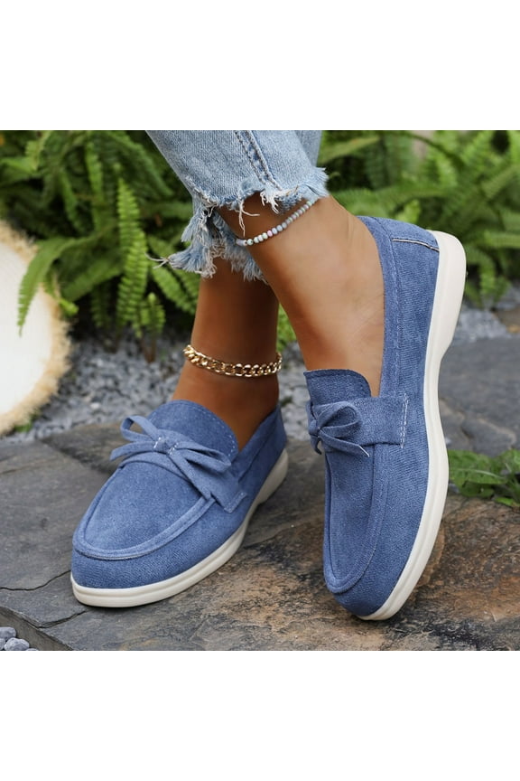Trendy Women's Bow Detail Slip-On Moccasins, Breathable Fabric Loafers with Padded Footbed, Lightweight Flat Sole Comfortable Walking Shoes for Office Work Spring Outfits Gift