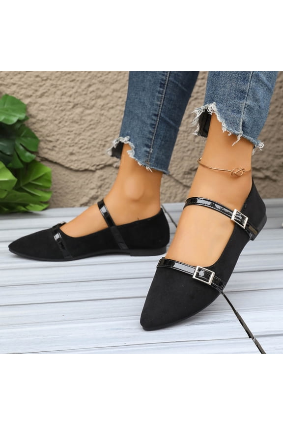 Trendy Women's Buckle Strap Pointed Flats with Low Block Heel, Slip-On Mary Jane Shoes with Padded Footbed, Non-Slip Flexible Sole Comfortable Walking Shoes for Spring Summer Gift