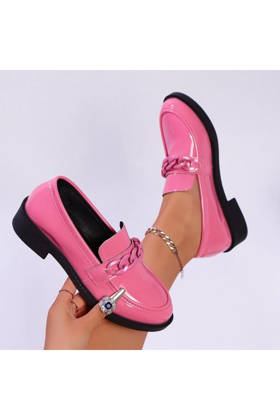 Trendy Women's Chain Embellished Loafers with Glossy Patent Finish, Low Block Heel Slip-On Shoes with Padded Insole, Wide Fit Comfortable Walking Shoes for Spring Fall Outfits Gift