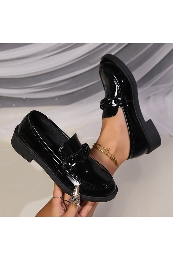 Trendy Women's Chain Embellished Loafers with Glossy Patent Finish, Low Block Heel Slip-On Shoes with Padded Insole, Wide Fit Comfortable Walking Shoes for Spring Fall Outfits Gift