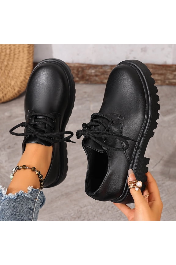 Trendy Women's Chunky Sole Lace-Up Oxfords with Crackle Finish, Slip-On Comfort Shoes with Padded Insole, Non-Slip Textured Outsole Lightweight Walking Shoes for Spring Fall Outfits Gift