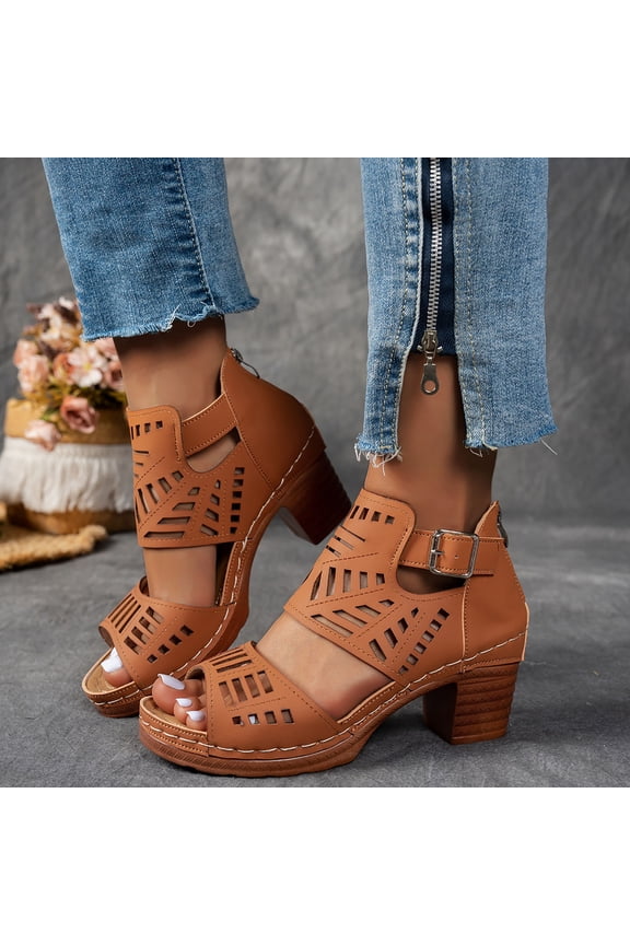Trendy Women's Cutout Chunky Heel Sandals with Ankle Buckle, Breathable Perforated Upper Open Toe Dress Shoes, Non-Slip Rubber Sole Comfortable Walking Sandals for Daily Party Outfits Gift