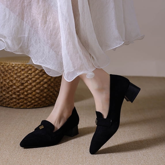 Xucatan Trendy Women's Metal Embellished Pointed Heels with Moderate Block Heel, Slip-On Dress Pumps with Padded Footbed, Non-Slip Rubber Sole Comfortable Walking Shoes for Daily Formal Outfits Gift