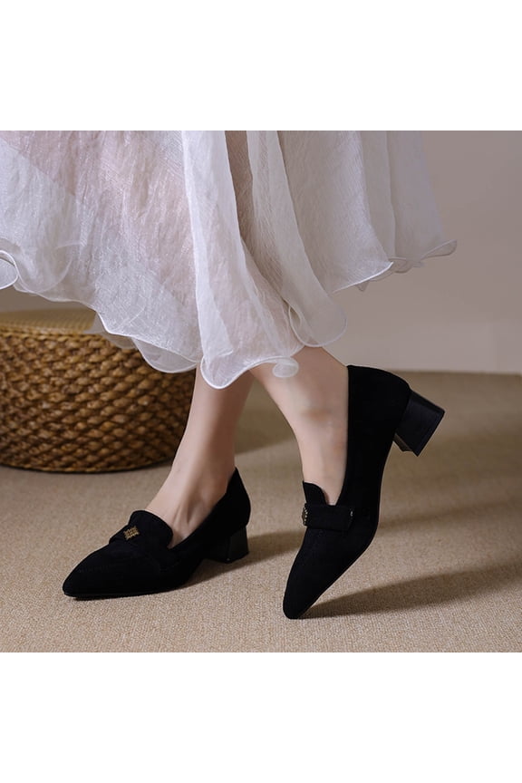 Trendy Women's Metal Embellished Pointed Heels with Moderate Block Heel, Slip-On Dress Pumps with Padded Footbed, Non-Slip Rubber Sole Comfortable Walking Shoes for Daily Formal Outfits Gift