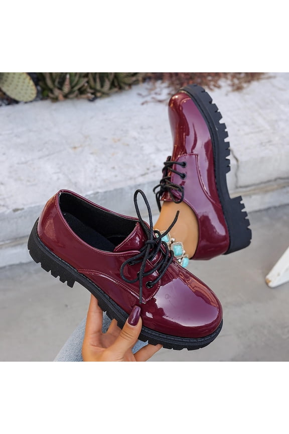 Trendy Women's Platform Lace-Up Oxfords with Glossy Patent Upper, Shock-Absorbing Thick Sole Low Heel Comfort Shoes, Padded Footbed Lightweight Walking Shoes for Office Outfits Gift