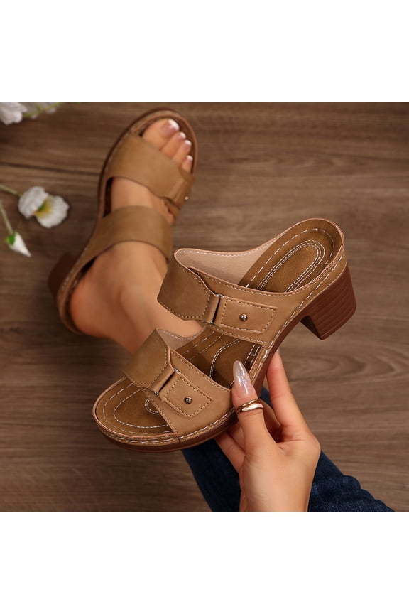 Wide Fit High Heel Sandals for Women, Double Buckle Strap Slide Ons, Supportive Block Heel Shoes, Plus Size Casual Footwear Gift