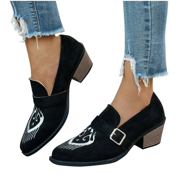 Xucatan Women Ethnic Style Printed Shallow Mouth Low Block Chunky Heels Shoes Winter Casual for Outdoor Leisure Gift